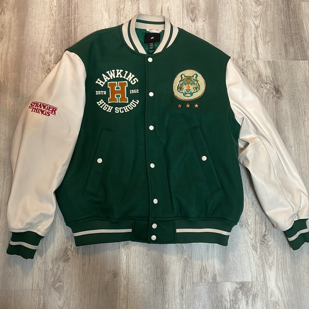 Stranger Things Hawkins High XL Mens Varsity Jacket Tigers Leather/wool H&M